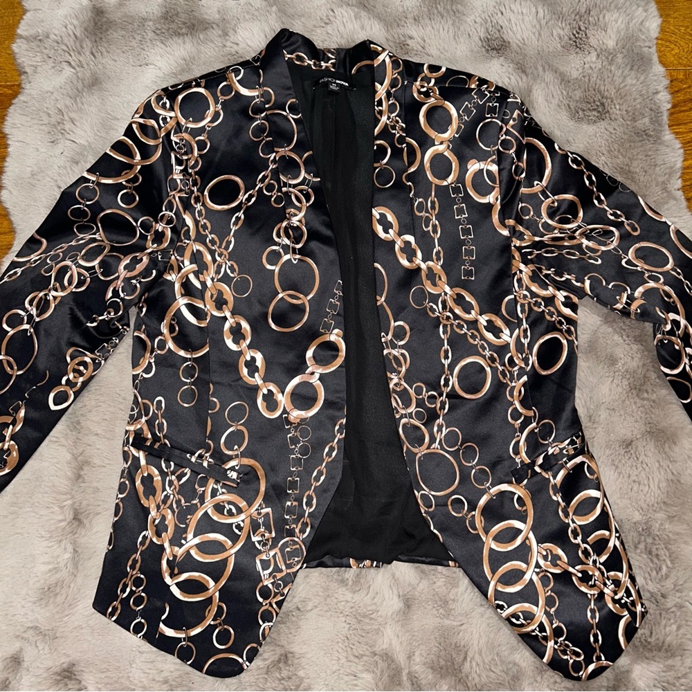 ✨ Fashion Nova Blazer Medium | Gold Chain Print Statement Jacket Workwear Chic ✨